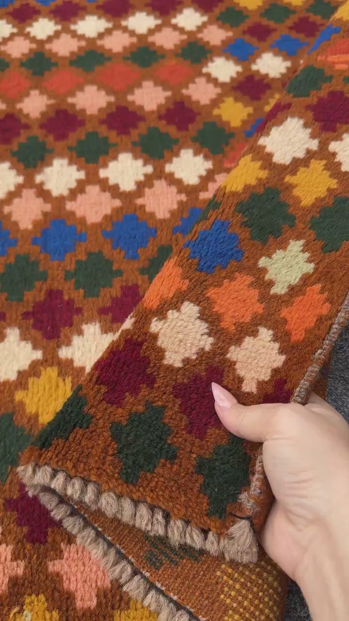 4x7 Handmade Vintage Afghan Baluch Rug | Chocolate BRown Burnt Orange Mustard Yellow Maroon Forest Green Navy Blue Cream Peach Rust Red