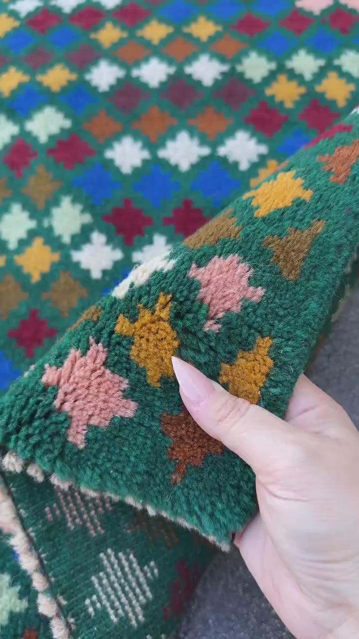 4x6 Handmade Vintage Afghan Baluch Rug | Forest Mint Olive Green Salmon Pink Peach Navy Blue Copper Brown Brick Red | Wool Flatwoven