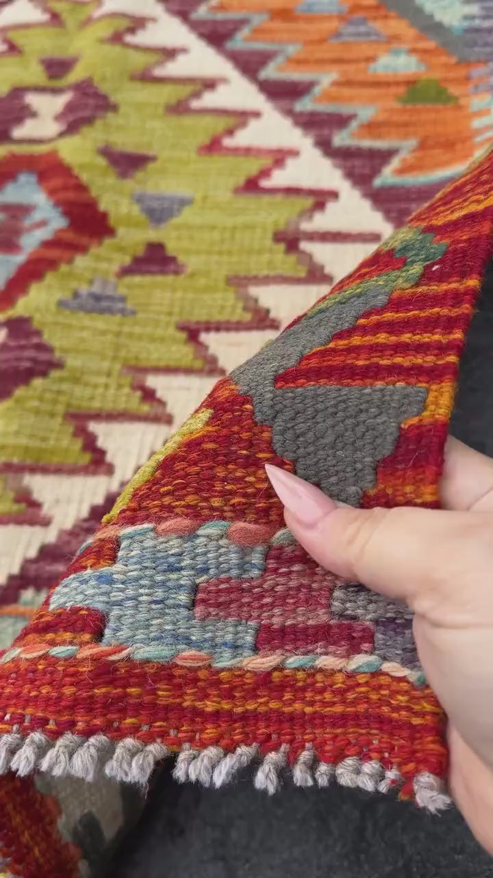 3x5 (91x152) Handmade Afghan Kilim Rug | Crimson Blood Red Purple Burnt Orange Baby Aqua Blue Grey Chartreuse Moss Forest Green Cream | Wool
