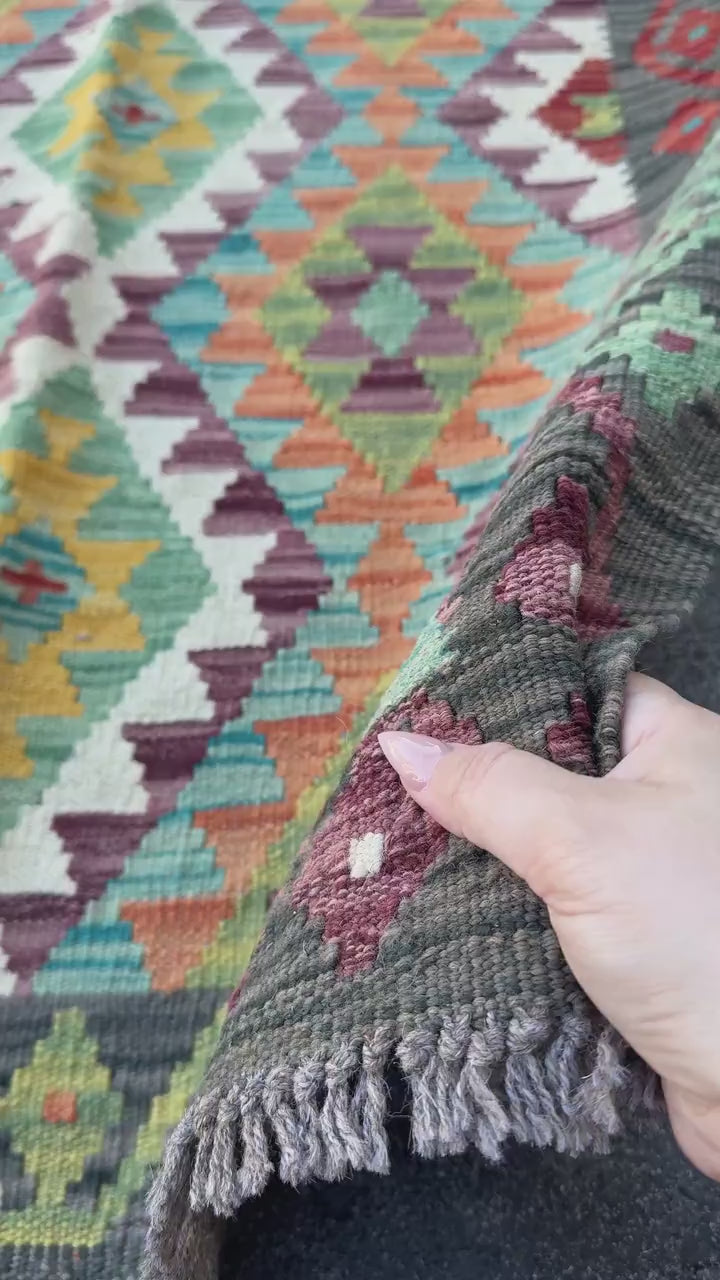 3x7 (100x200) Handmade Afghan Kilim Runner Rug | Charcoal Grey Eggplant Purple Teal Cream Orange Mustard Olive Moss Green  | Wool Turkish