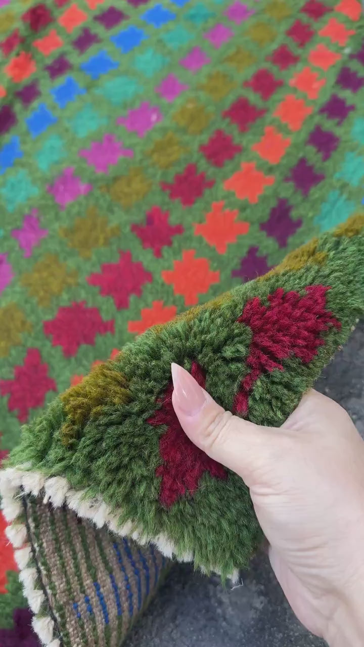 3x10 Handmade Vintage Afghan Baluch Runner Rug | Pine Olive Forest Green Brick Red Burnt Orange Magenta Eggplant Purple Navy Blue | Wool