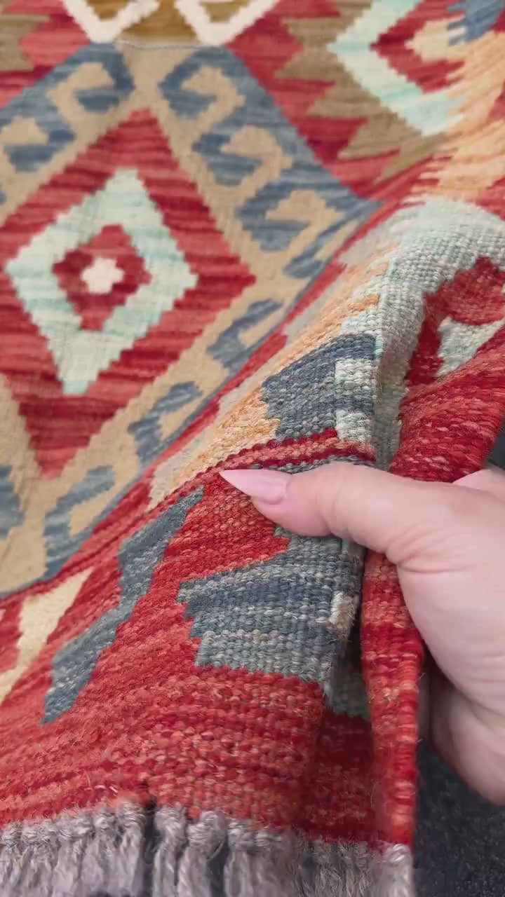 2x6 (61x182) Handmade Afghan Kilim Runner Rug | Burnt Orange Saffron Coffee Tan Brown Baby Powder Prussian Denim Blue Cream | Wool Flatweave