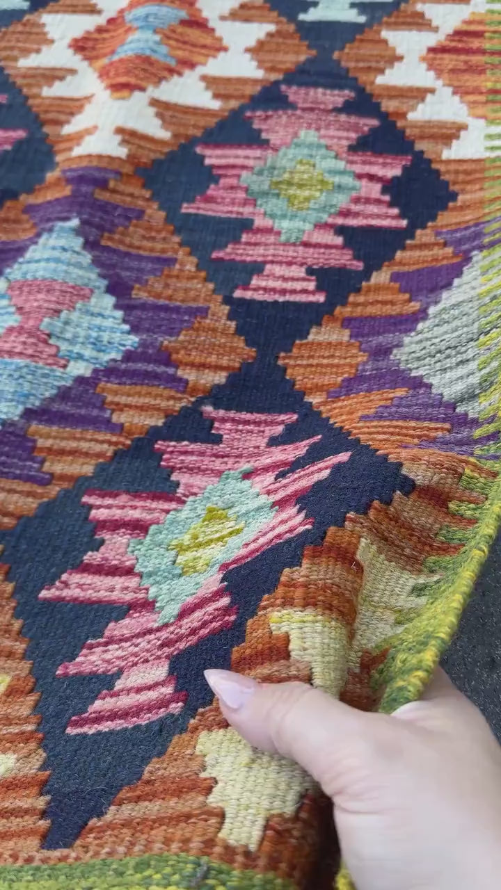 2x5 Handmade Afghan Kilim Runner Rug | Olive Green Navy Burnt Orange Cream Mustard Yellow Pink Teal Aqua Blue Purple Grey | Wool Flatwoven