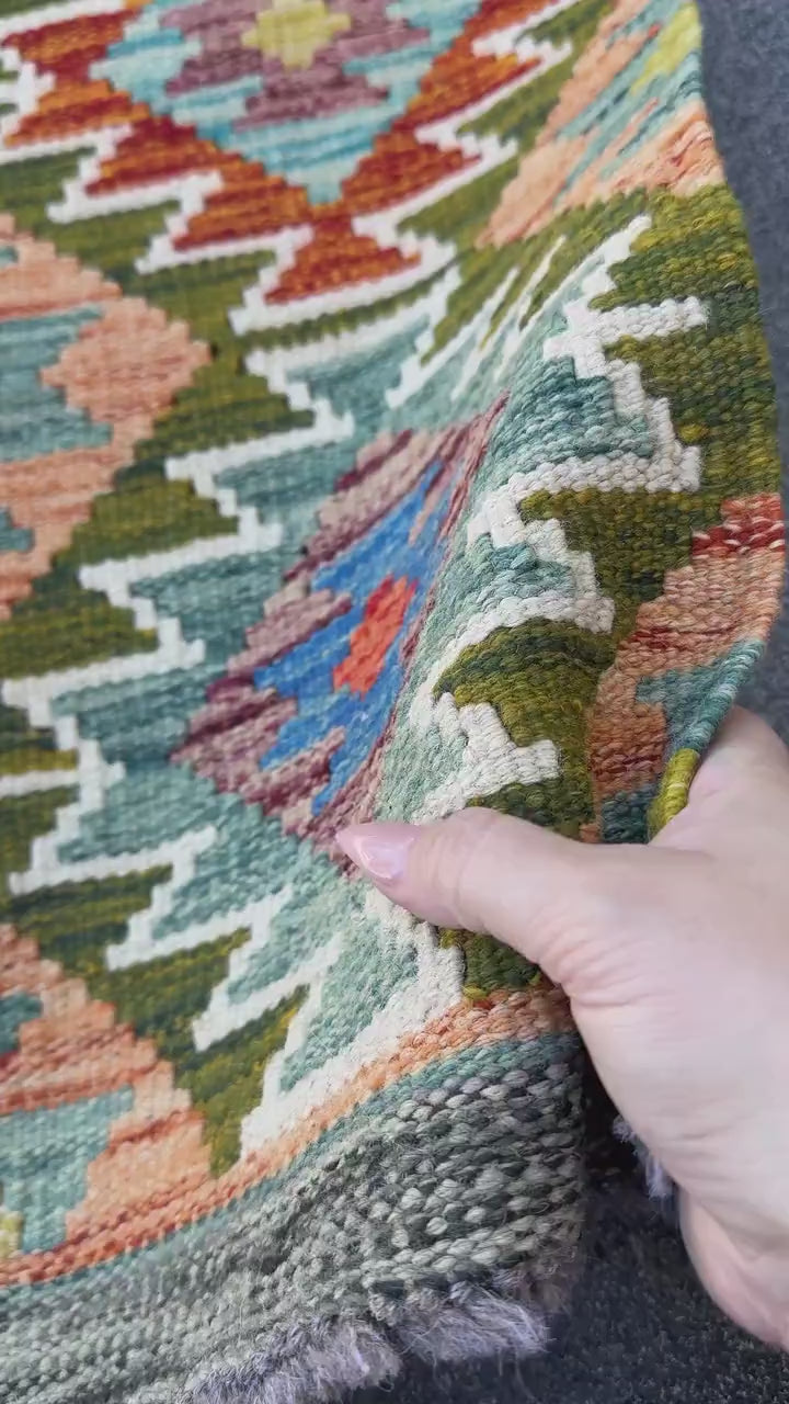 2x5 Handmade Afghan Kilim Runner Rug | Moss olive Green Orange Rust Red Teal Aqua Denim Blue Purple Maroon Cream White Mustard | Flatwoven