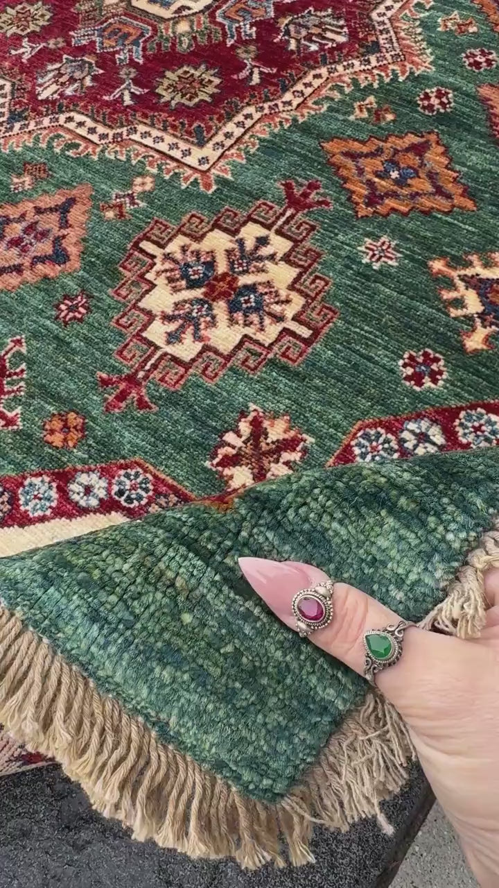 7x7 Round Handmade Afghan Wool Rug | Scalloped Tribal Medallion Star | Green And Ivory Area Rug