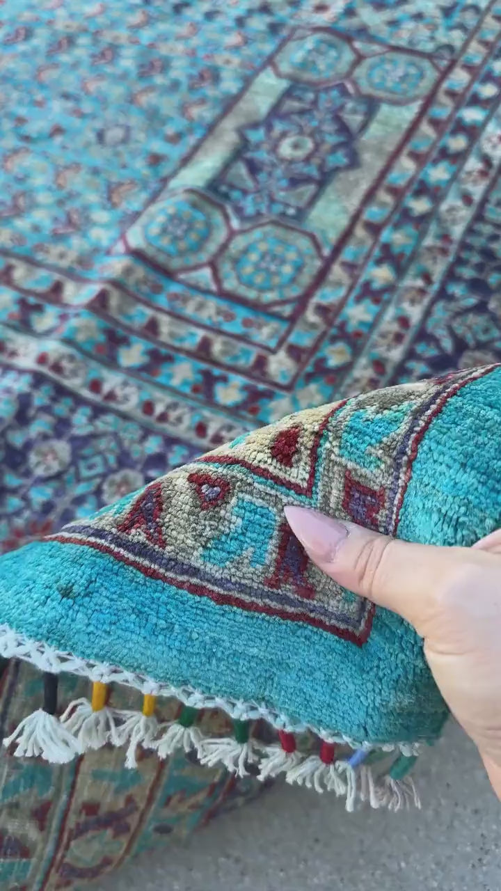9x12 Handmade Afghan Wool Rug | Turquoise Geometric Medallion Rug | Blue Mamluk-Inspired Area Rug