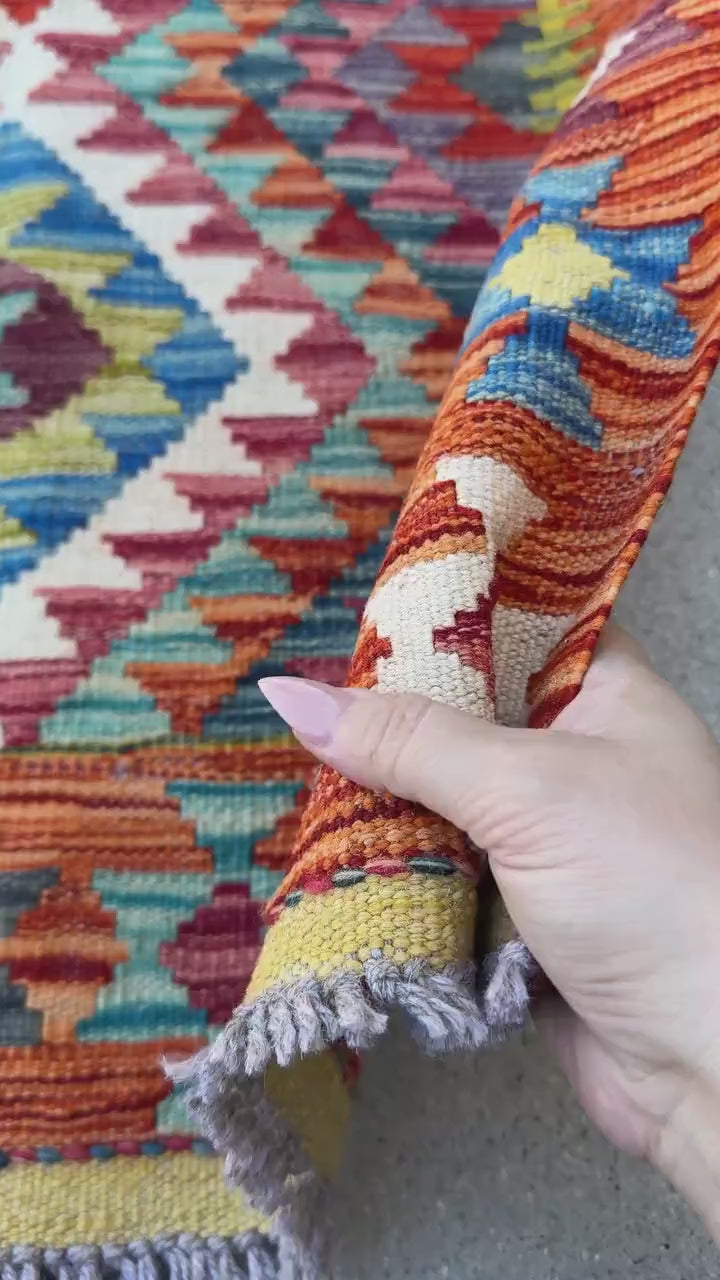 3x4 Handmade Afghan Kilim Rug | Burnt Orange Rust Red Cream White Aqua Teal Charcoal Grey Olive Green Mustard Yellow Denim Blue | Flatwoven