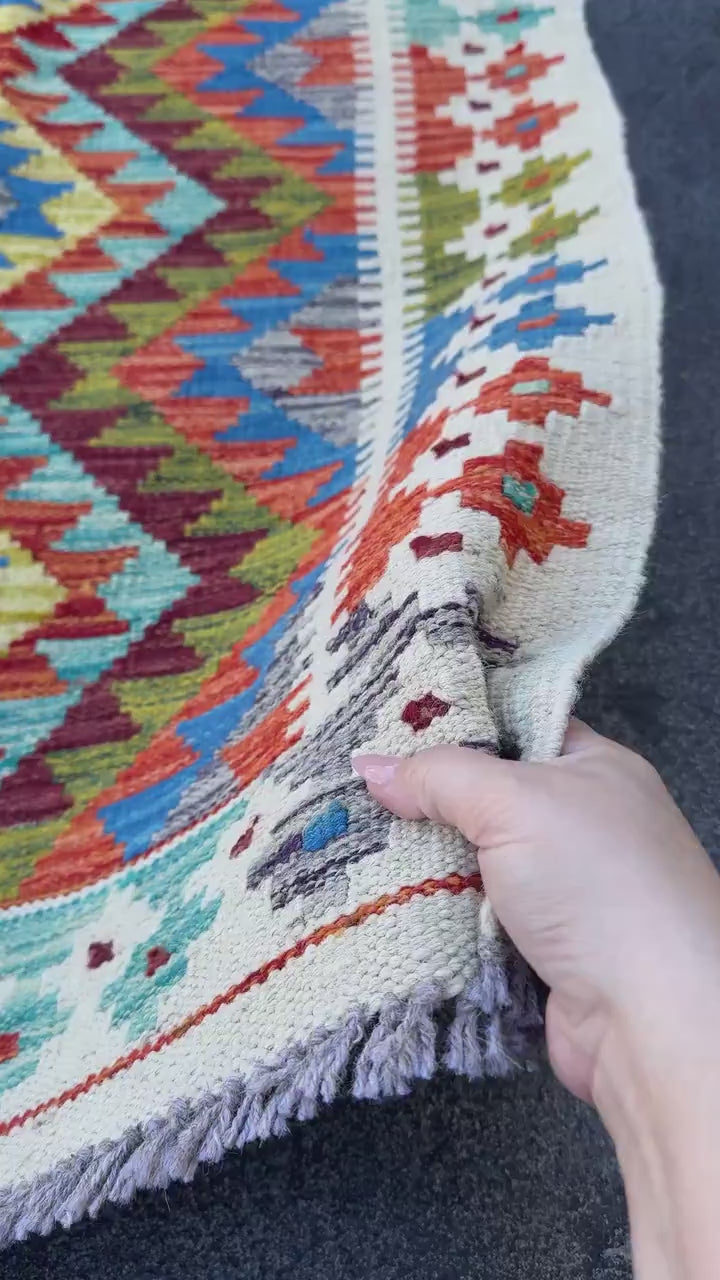 3x5 (91x152) Handmade Afghan Kilim Rug | Cream White Olive Moss Green Teal Denim Navy Blue Maroon Purple Burnt Orange Charcoal Grey | Wool