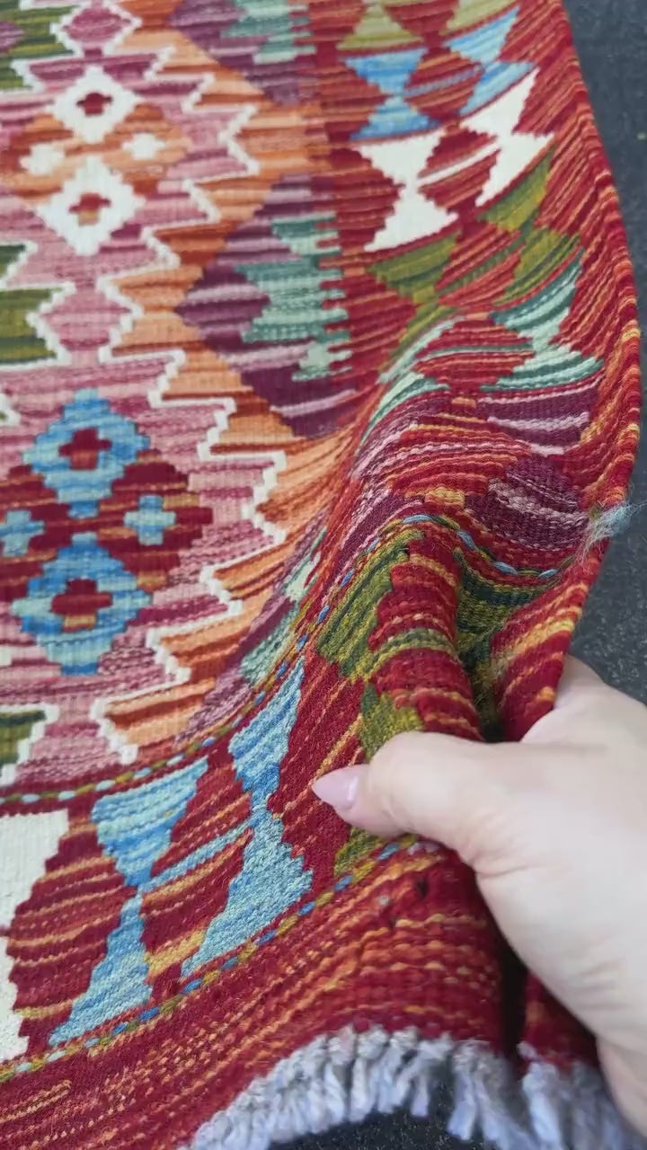 3x4  Handmade Afghan Kilim Runner Rug | Brick Red Burgundy Burnt Orange Peach Pink Mustard Gold Olive Green Forest Green Teal Aqua Sky Blue