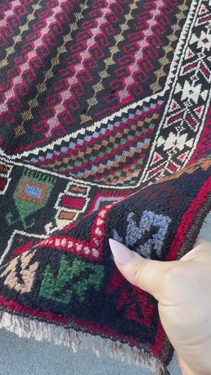 3x4-5 (91x144) Handmade Vintage Afghan Baluch Rug | Crimson Red Black Denim Blue Forest Pine Green Cream White Mustard Gold Yellow Purple