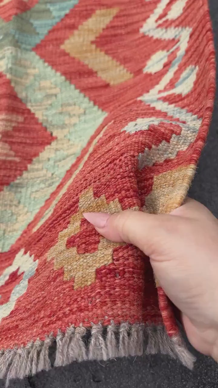 2x6 (61x182) Handmade Afghan Kilim Runner Rug | Coral Orange Peach Saffron Brick Red Powder Denim Teal Powder Blue Tan Cream | Wool