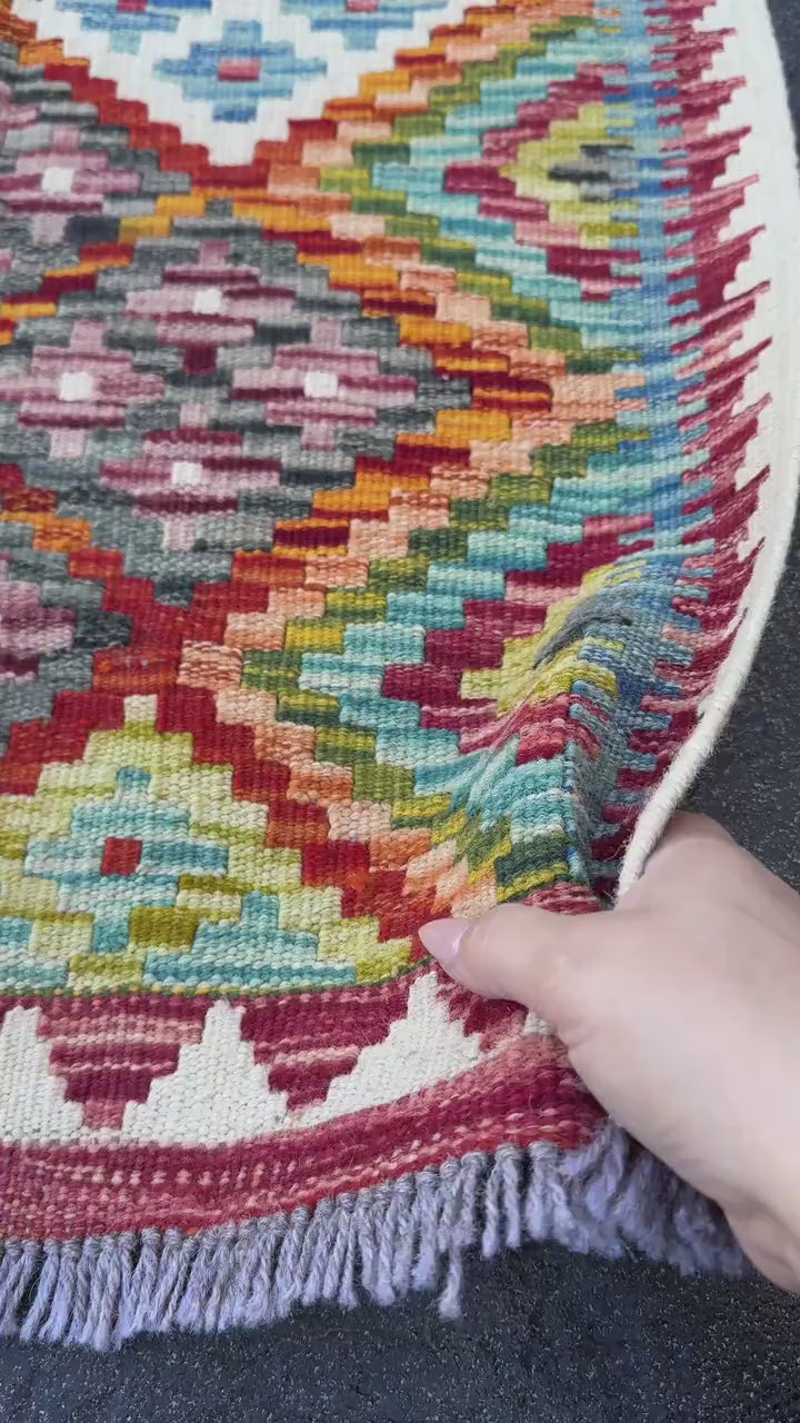 2x5 (61x152) Handmade Afghan Kilim Runner Rug | Auburn Blood Red Orange Lime Mint Green Purple Yellow Aqua Sky Blue Black Grey White | Wool