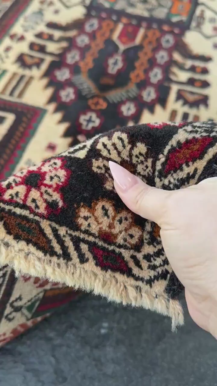3x4-5 (91x152) Handmade Afghan Vintage Baluch Rug | Cream Black Blood Crimson REd Orange Caramel Sand Brown Forest Green Midnight Blue Gold