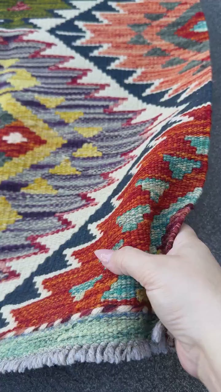 2x5 Handmade Afghan Kilim Runner Rug | Olive Green Burnt Orange Rust Red Mustard Yellow Cream White Navy Teal Aqua Blue Purple Maroon | Wool