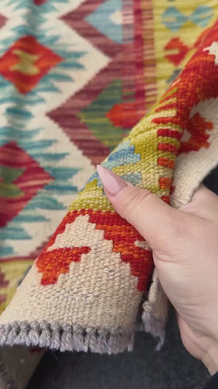 2-3x5 Handmade Afghan Kilim Rug | Cream Tan Sand Brown Crimson Burgundy Maroon Red Aqua Teal Denim Blue Black Forest Chartreuse Green Grey