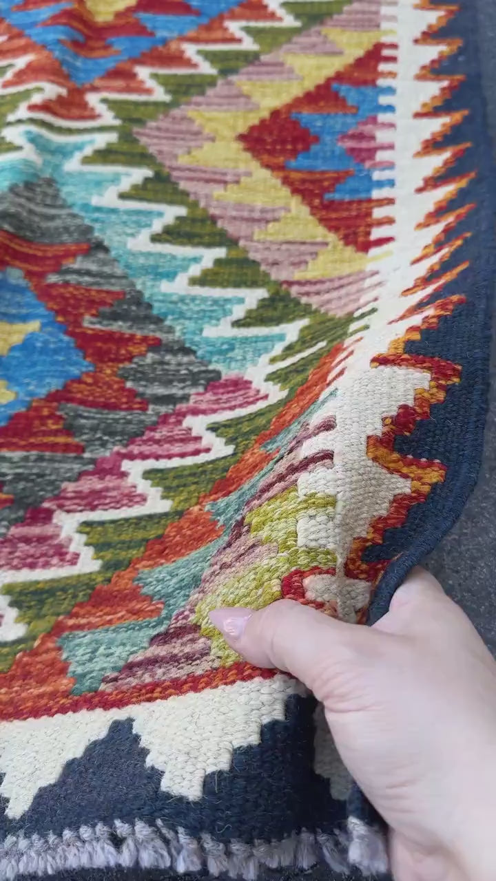 2x5 Handmade Afghan Kilim Runner Rug | Olive Green Rust Red Teal Burnt Orange Mustard Yellow Cream White Aqua Blue Navy Purple Grey | Wool