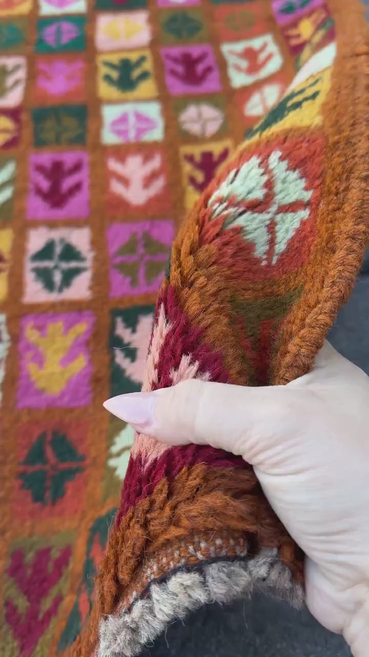 3x9 Handmade Vintage Afghan Baluch Runner Rug | Copper Brown Rose Pink Peach Burnt Orange Pine Olive Green Mustard Brick Red White | Wool