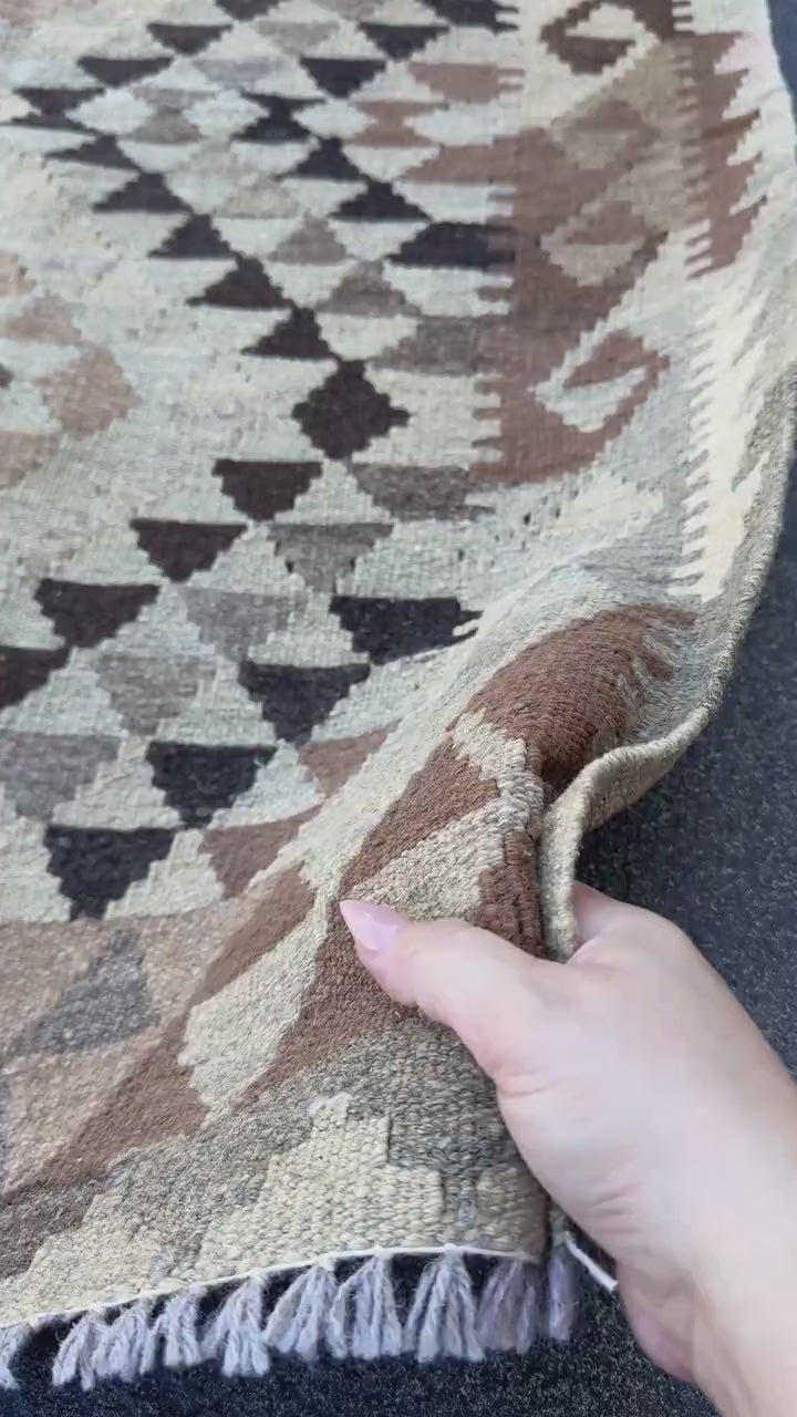 3x4 Handmade Afghan Kilim Rug | Beige Brown Cream Taupe Black Mocha Sandstone Tan Charcoal | Wool Flatwoven