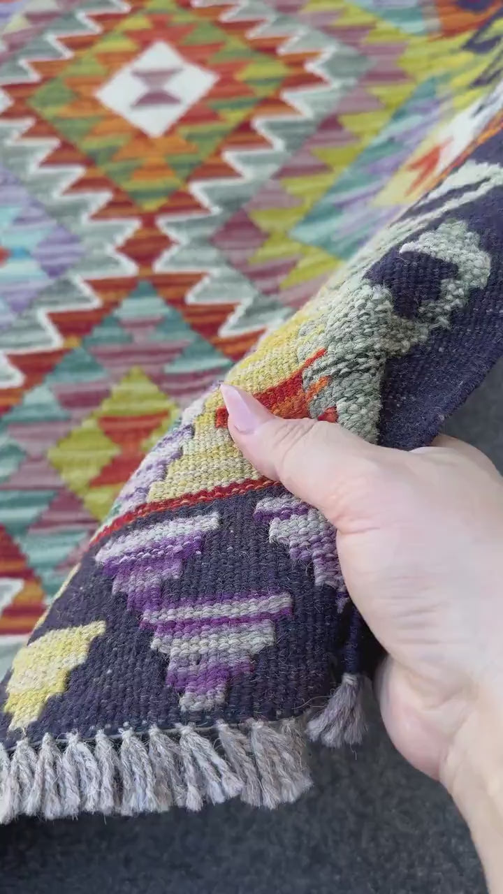 3x3 Handmade Afghan Kilim Rug | Midnight Navy Aqua Baby Blue Chartreuse Green Purple Rust Burnt Orange Crimson Red White Cream Grey | Wool