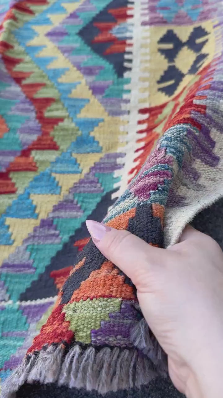 3x7 Handmade Afghan Kilim Runner Rug | Cream Denim Midnight Blue Teal Turquoise Yellow Lime Moss Green Purple Orange Burnt Red | Wool