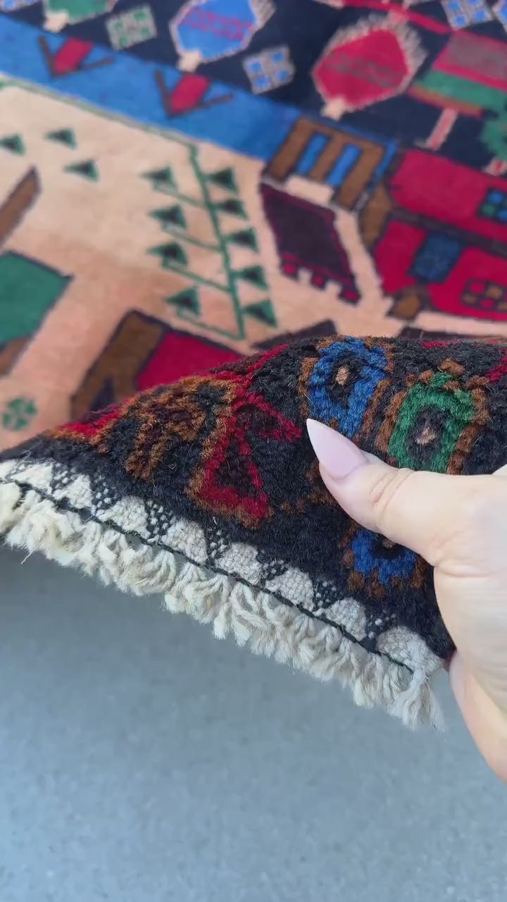 3x5 (91x152) Handmade Vintage Afghan Baluch Rug | Crimson Red Denim Blue Salmon Coral Pink Orange Forest Green Caramel Brown Black | Wool