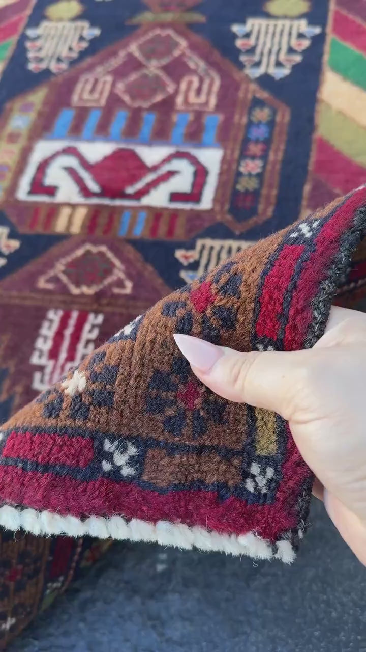 3x5 (91x152) Handmade Vintage Afghan Baluch Rug | Brown Caramel Tan Chocolate Brown Cream Olive Forest Green Blood Red Midnight Denim Blue