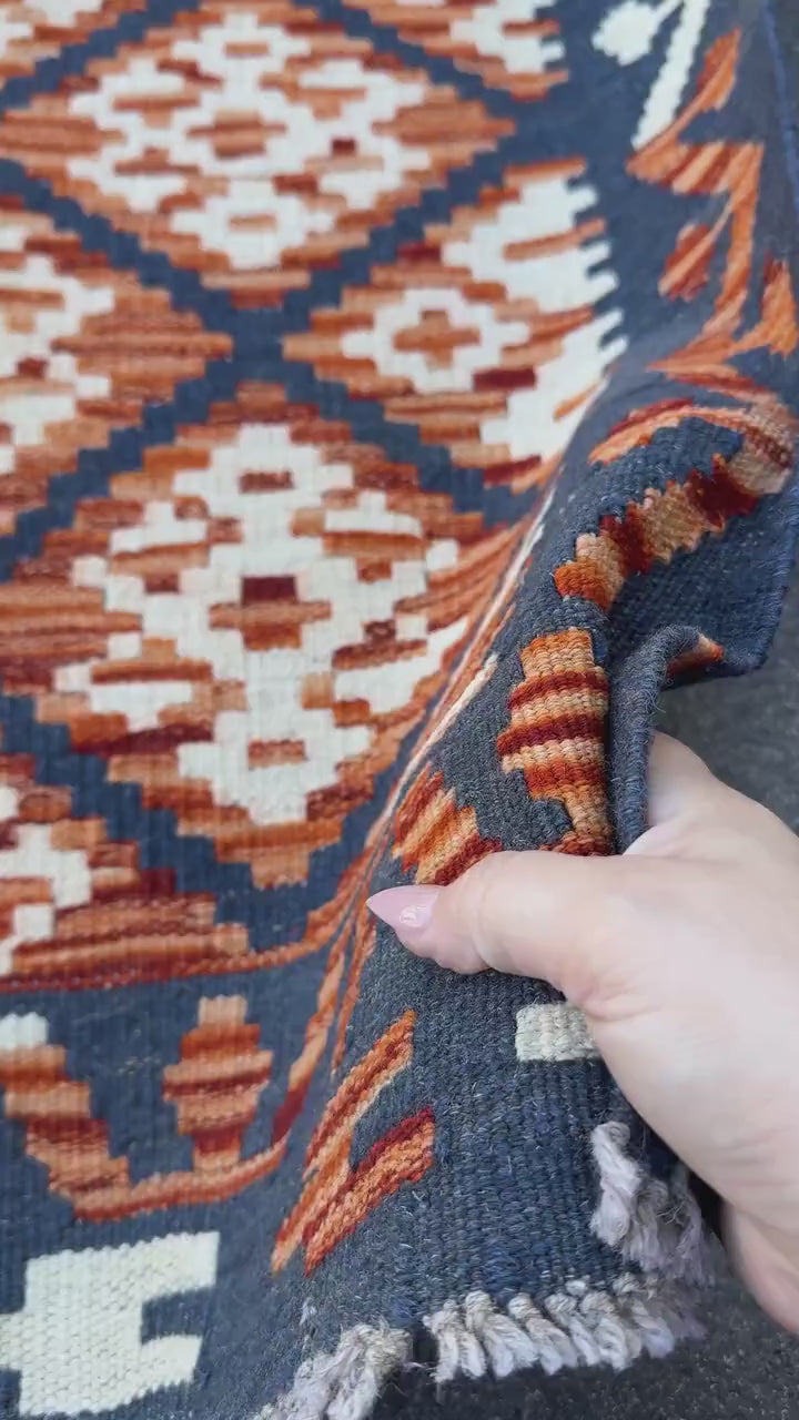3x5 (91x152) Handmade Afghan Kilim Rug | Navy Burnt Orange Cream White Rust Red Mustard Yellow Olive Green | Wool Flatwoven