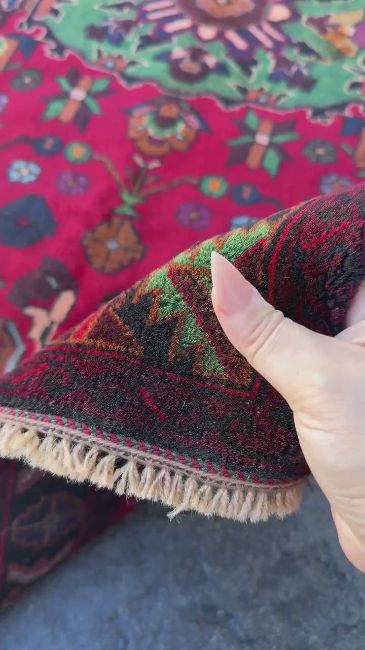 3x5 Handmade Vintage Afghan Baluch Rug | Crimson Maroon Red Purple Pine Forest Green White Cream Burnt Rust Orange Midnight Sky Blue Black