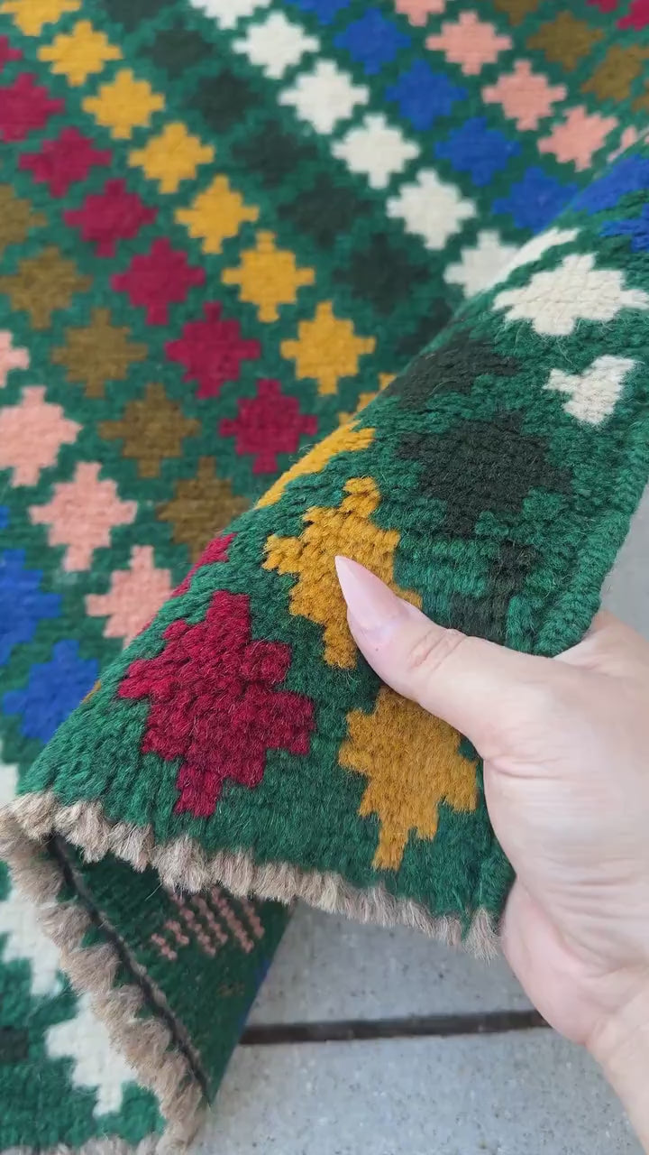 4x6 Handmade Vintage Afghan Baluch Rug | Forest Pine Green Navy Blue White Brick Red Mustard Gold Salmon Pink Peach Chocolate Brown | Wool