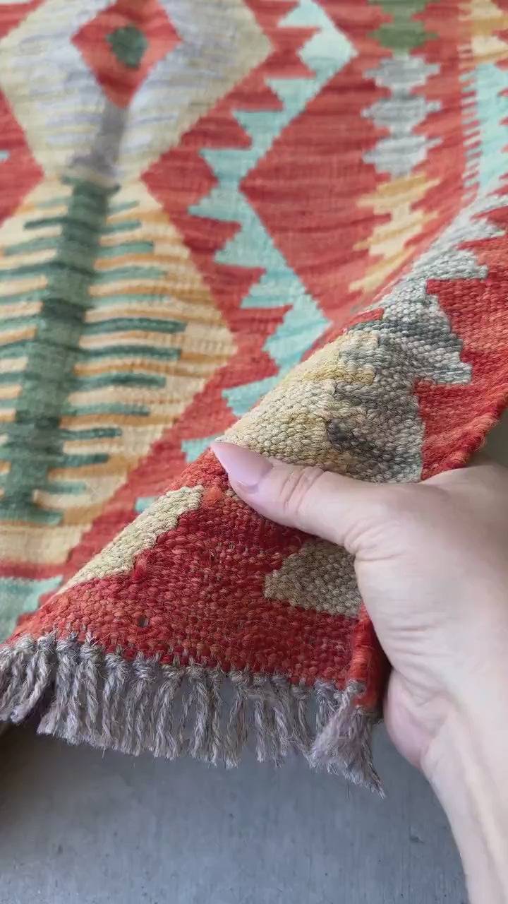 2x3 Handmade Afghan Kilim Rug | Rust Red Mustard Yellow Gold Pine Green Grey Tan Aqua Teal | Wool Flatwoven