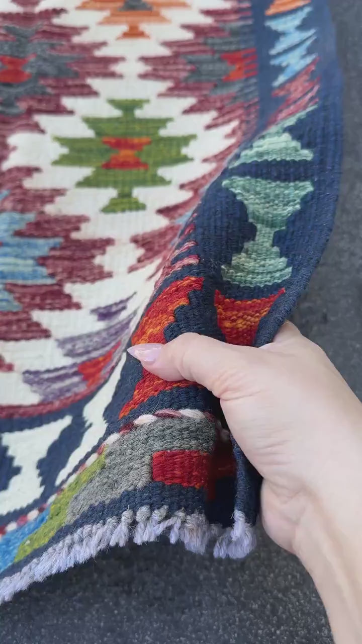 2x5 Handmade Afghan Kilim Runner Rug | Cream White Aqua Sky Blue Navy Blue Burnt Orange Brick Red Burgundy Olive Green Purple