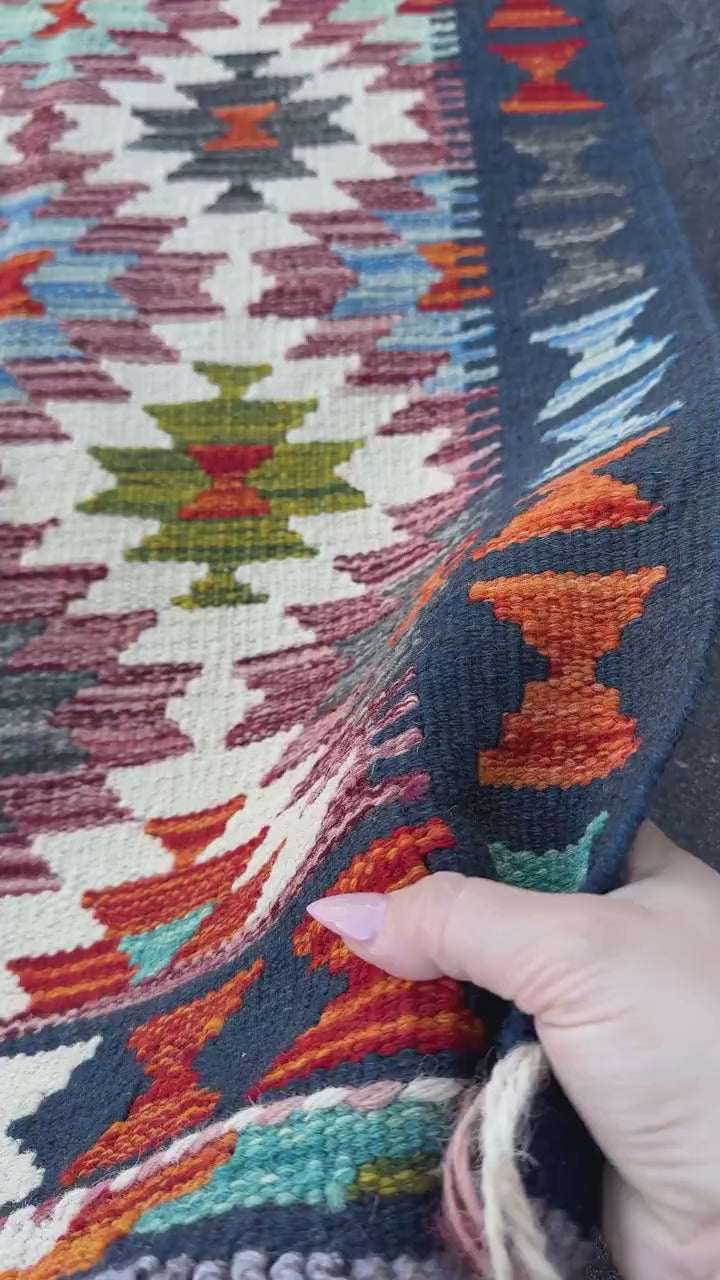 2x5 Handmade Afghan Kilim Runner Rug | Cream Burgundy Mauve Olive Green Forest Burnt Orange Rust Teal Aqua Turquoise Navy Blue Charcoal Grey