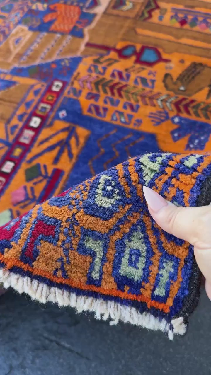 3x5 Handmade Vintage Afghan Baluch Rug | Gold Saffron Mustard Yellow Orange Royal Powder Denim Blue Purple Caramel Blood Red Moss Green Wool
