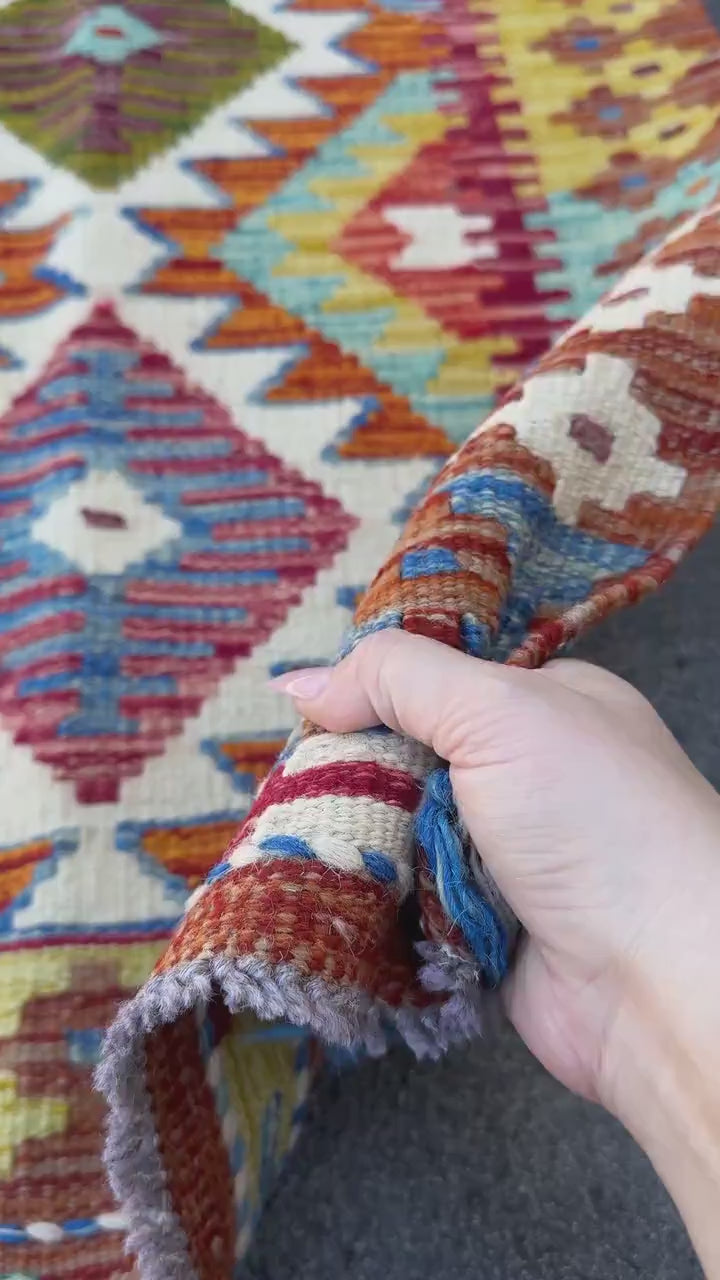 2x5 Handmade Afghan Kilim Runner Rug | Burnt Orange Cream White Olive Moss Green Aqua Teal Mustard Yellow Blood Red Maroon Denim Blue | Wool