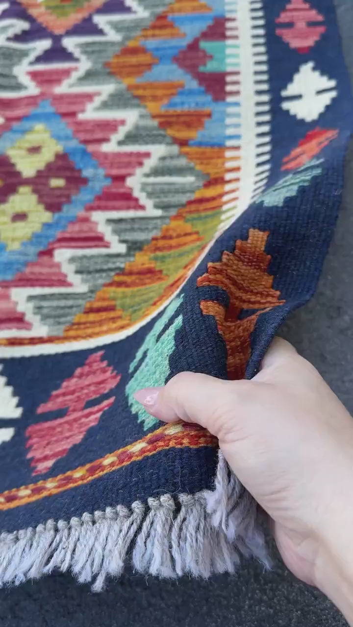 2x5 Handmade Afghan Kilim Runner Rug | Navy Rust Red Burnt Orange Olive Green Teal Aqua Blue Cream White Mustard Yellow Pink Purple | Wool