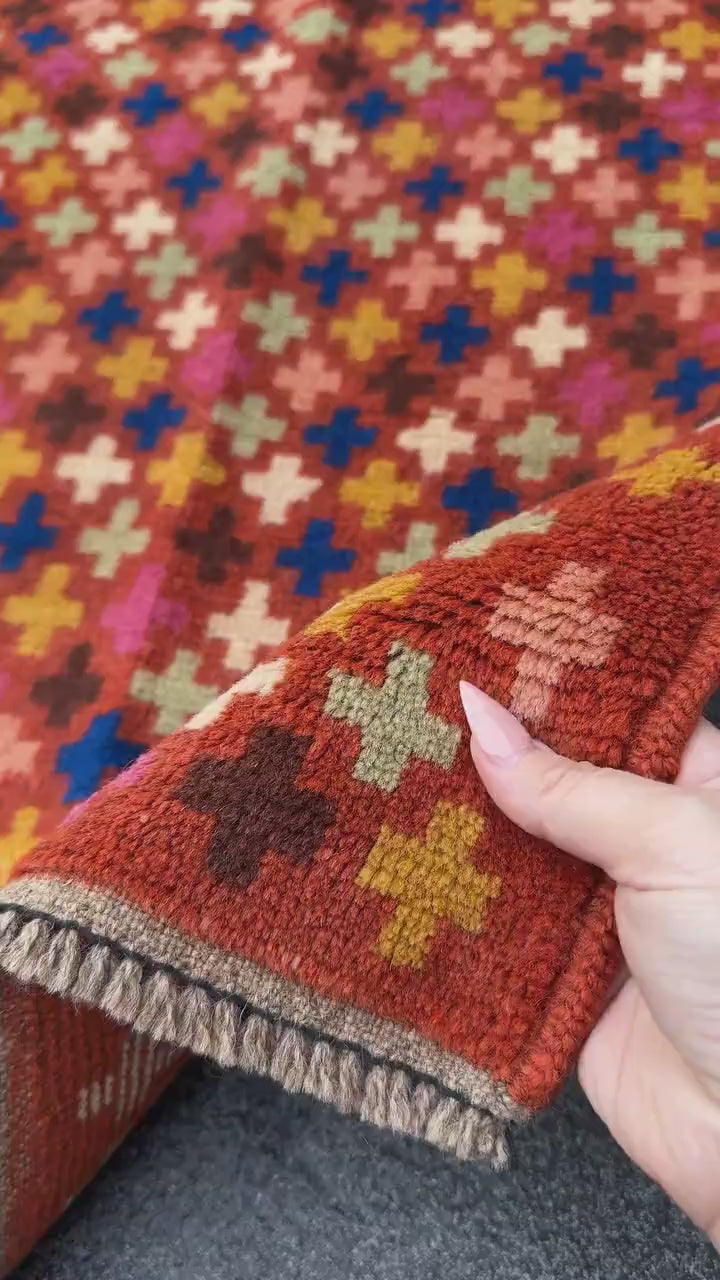 2x3 Handmade Vintage Afghan Baluch Rug | Small Wool Tribal Area Rug | Burnt Orange Mustard Yellow Navy Blue Cream Pink Green
