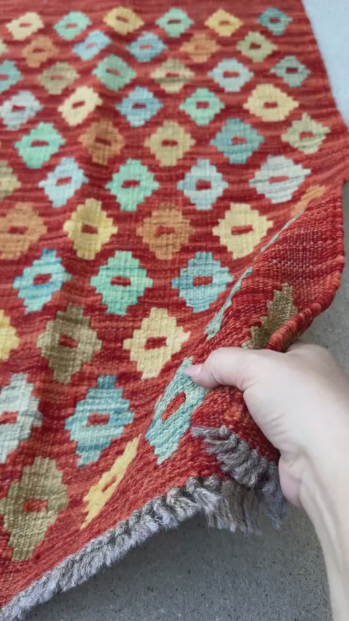 2x3 Handmade Vintage Afghan Baluch Rug | Rust Red Burnt Orange Mustard Yellow Gold Aqua Teal Light Grey | Wool Flatwoven