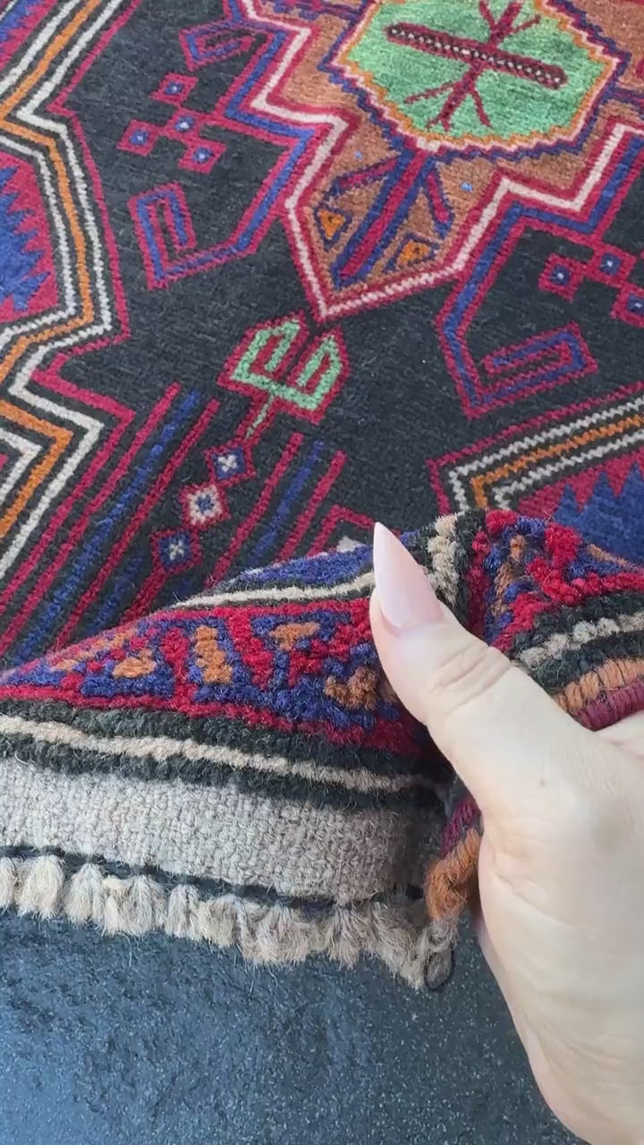 3x5 (91x152) Handmade Vintage Afghan Baluch Rug | Navy Blue Blood Crimson Red Cream White Orange Tan Pine Green Black | Wool Geometric