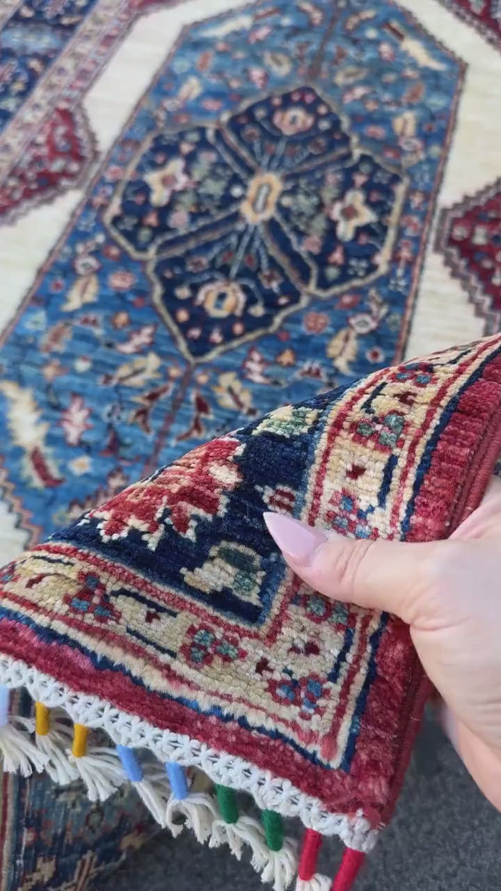 3x8 Handmade Afghan Wool Runner Rug | Blue Red & Ivory Geometric Hallway Rug | Hand-Knotted Traditional Runner