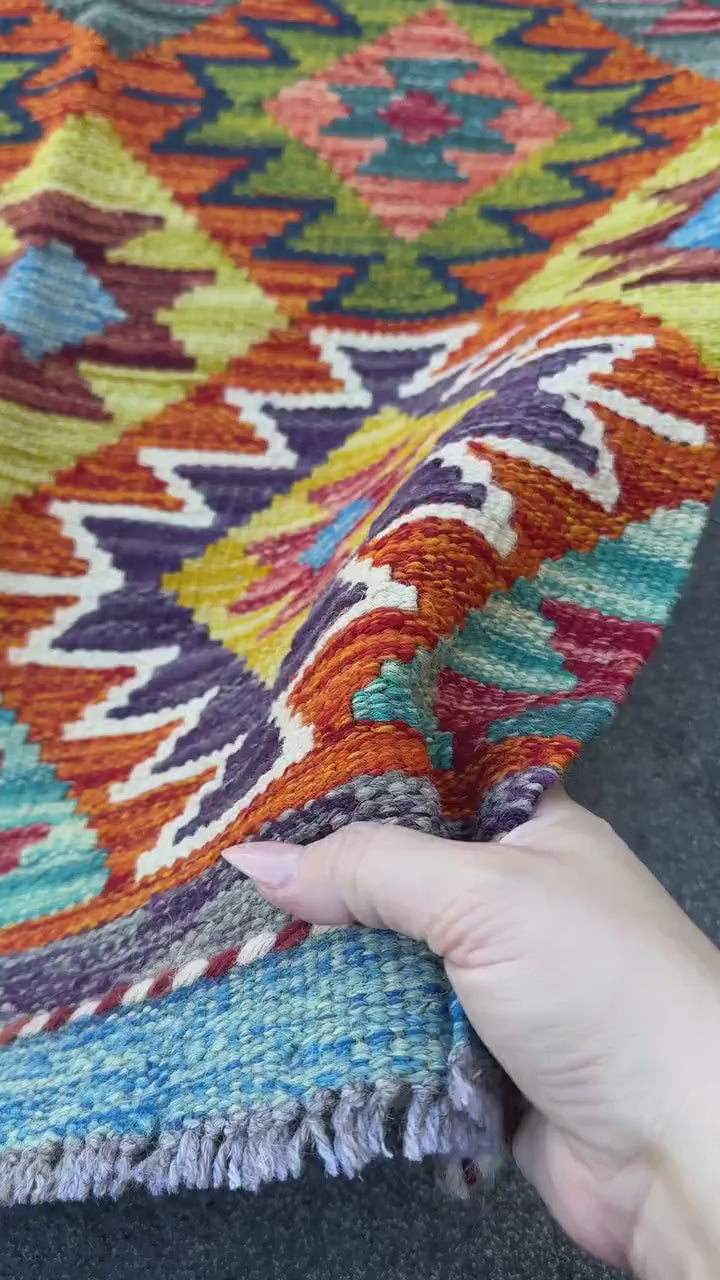 2x5 Handmade Afghan Kilim Runner Rug | Burnt Orange Mustard Yellow Olive Green Teal Aqua Blue Cream White Navy Purple Rust Red | Wool