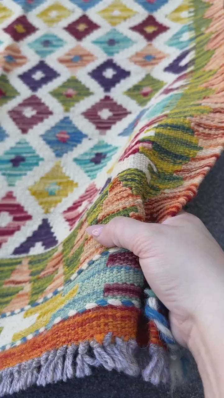 3x4 Handmade Afghan Kilim Rug | Cream White Rust Red Burnt Orange Mustard Yellow Olive Green Teal Aqua Blue Navy Purple Grey | Flatwoven