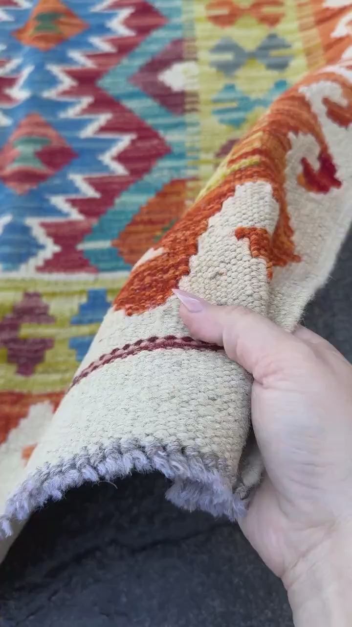2x5 Handmade Afghan Kilim Runner Rug | Cream White Mustard Olive Green Aqua Sky Blue Navy Burnt Orange Brick Red Burgundy