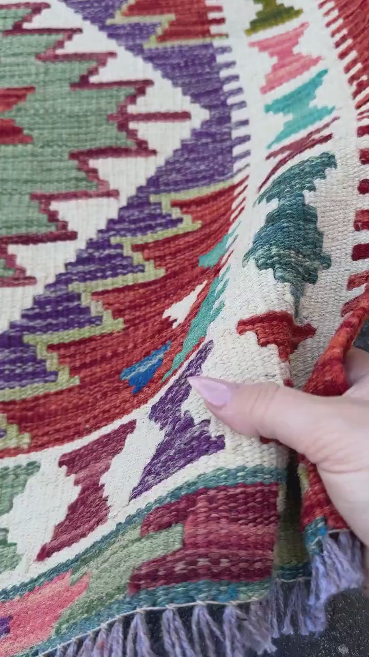 3x5 (91x152) Handmade Afghan Kilim Rug | Blood Red Maroon Forest Moss Green Ivory Purple Coral Pink Teal | Wool Flatwoven