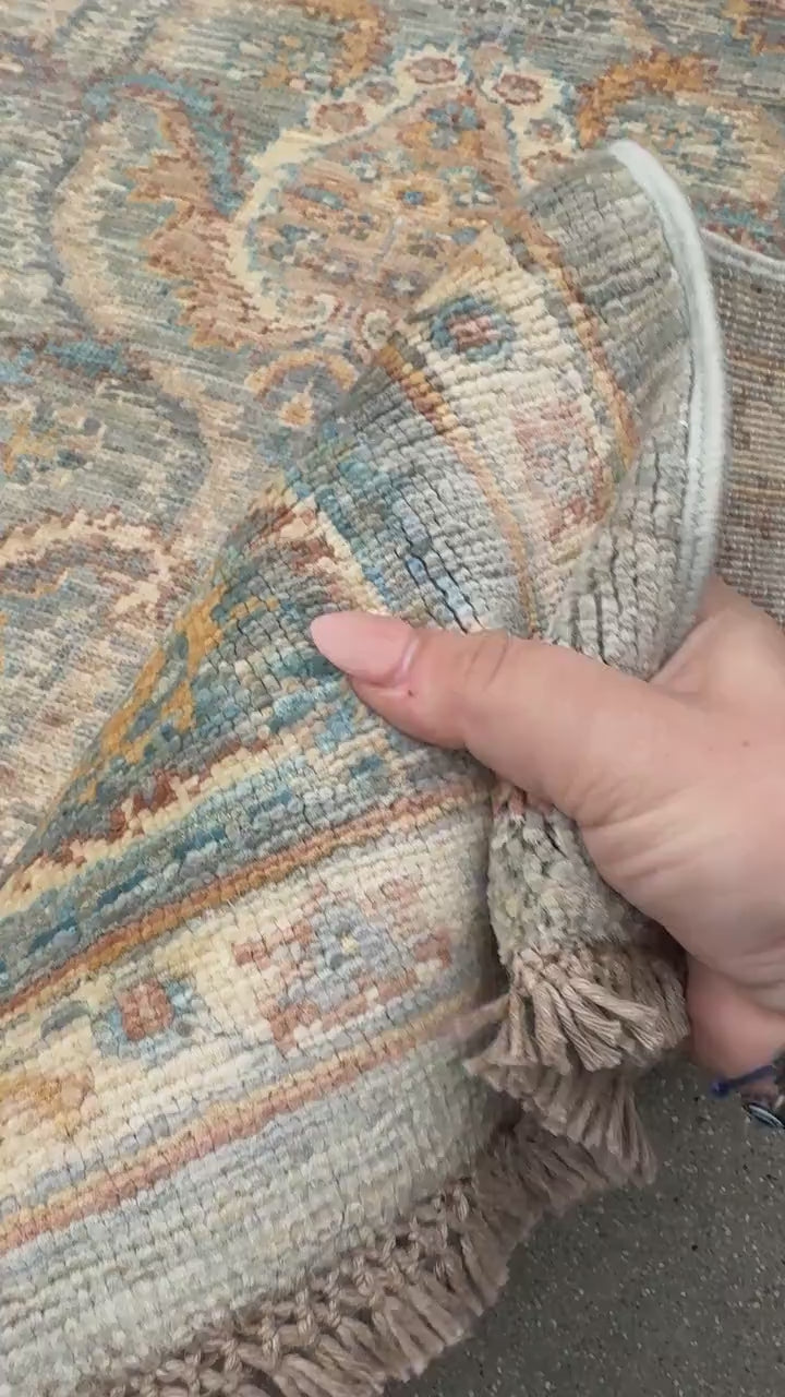 6x8 (182x260) Handmade Afghan Rug | Denim Sky Blue Teal Cream Beige Gold | Wool Floral Hand Knotted