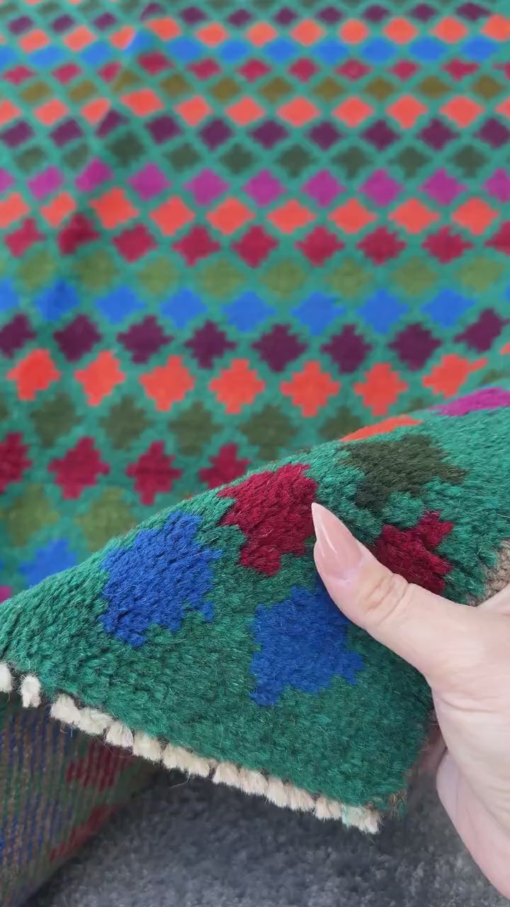 3x9 Handmade Vintage Afghan Baluch Runner Rug | Forest Olive Pine Green Navy Blue Cream Burnt Orange Magenta Rose Pink Purple | Wool
