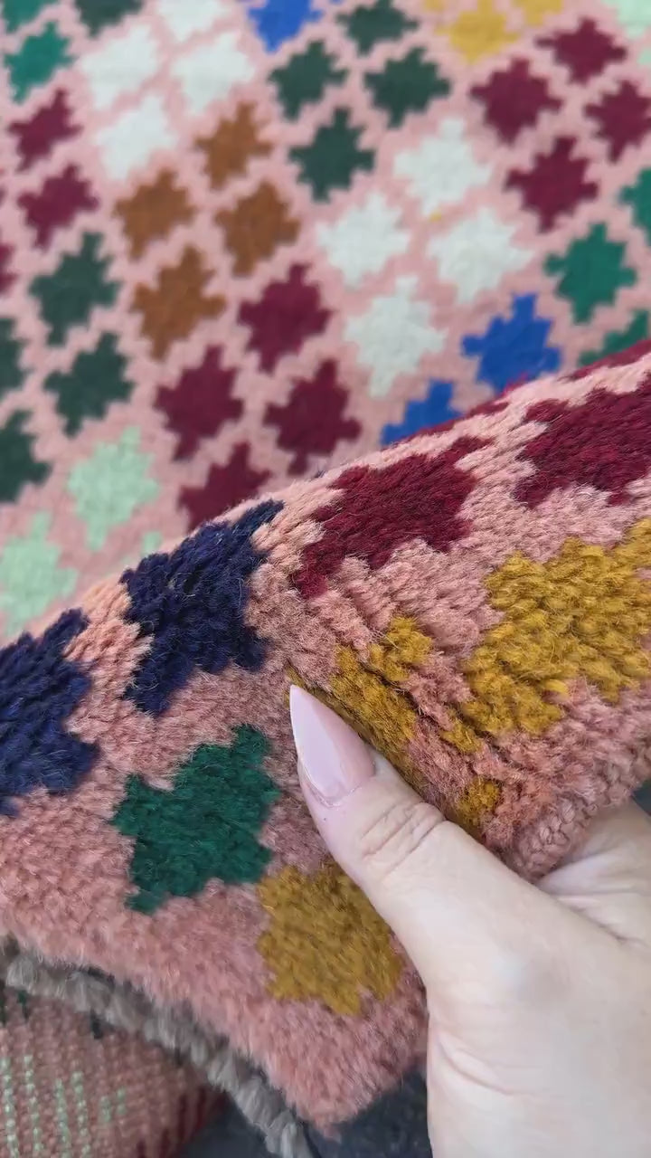 4x6 Handmade Vintage Afghan Baluch Rug | Salmon Pink Peach Forest Pine Mint Green Brick Red White Copper Brown Mustard Yellow Gold | Wool