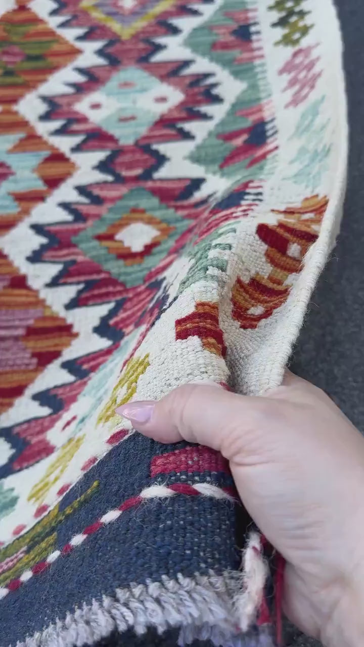 2x5 Handmade Afghan Kilim Runner Rug | Cream White Aqua Teal Sky Blue Burnt Orange Brick Red Pink Mustard Olive Burgundy Forest Green