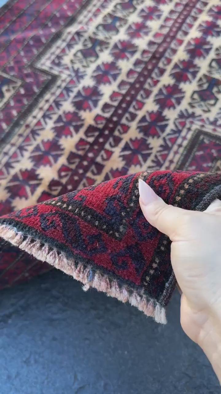 3x5 (91x152) Handmade Vintage Afghan Baluch Rug | Burgundy Wine Blood Brick Red Cream Midnight Navy Blue White | Wool Geometric