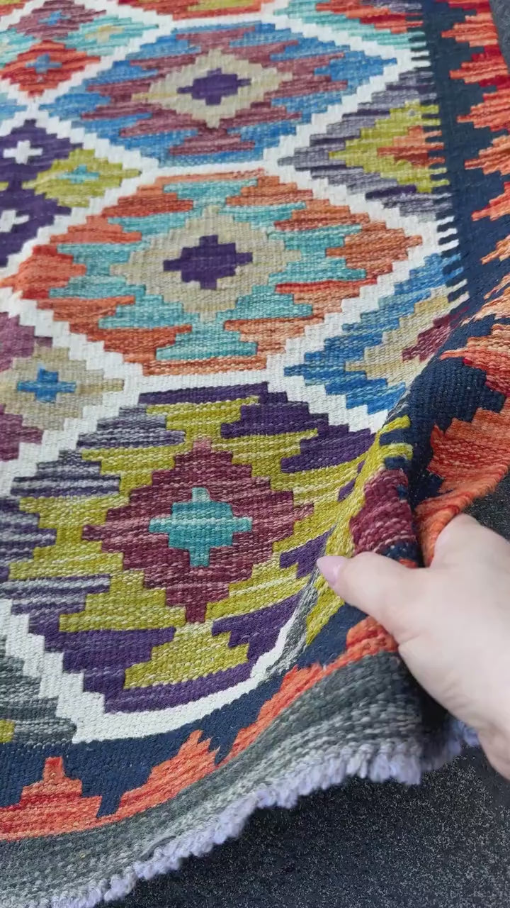 3x4 Handmade Afghan Kilim Rug | Navy Burnt Orange Rust Red Cream White Mustard Yellow Olive Green Teal Aqua Blue Purple Grey | Flatwoven
