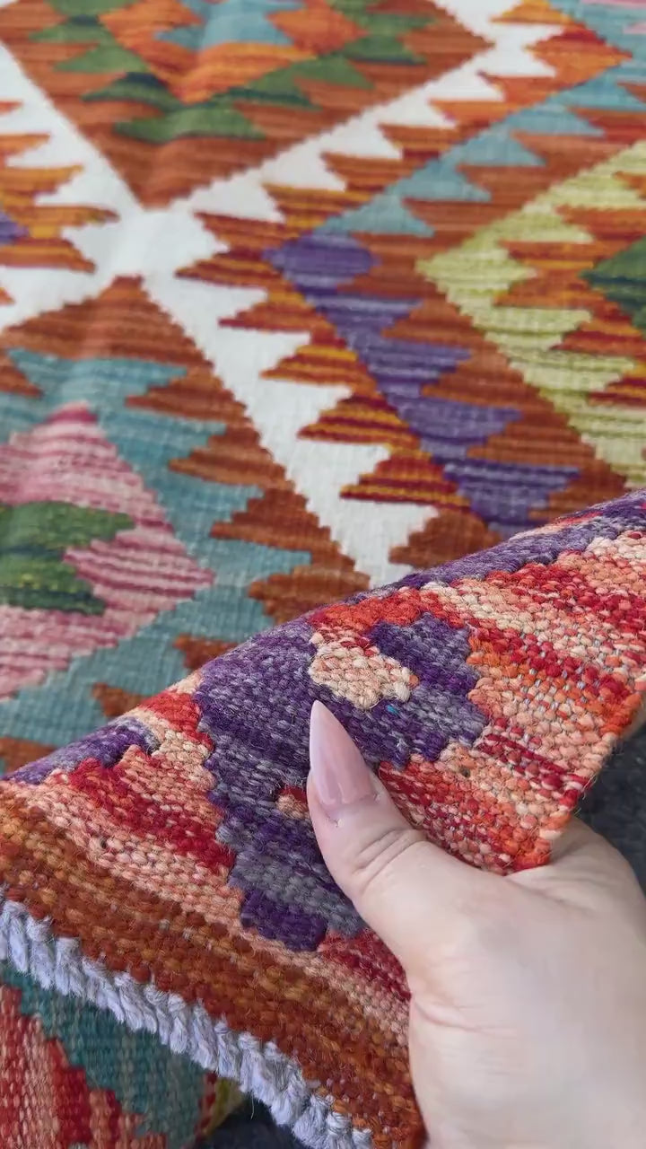 3x4 (91x121) Handmade Afghan Kilim Rug | Red Burnt Orange Eggplant Purple Chartreuse Moss Forest Olive Green Teal White Cream | Wool
